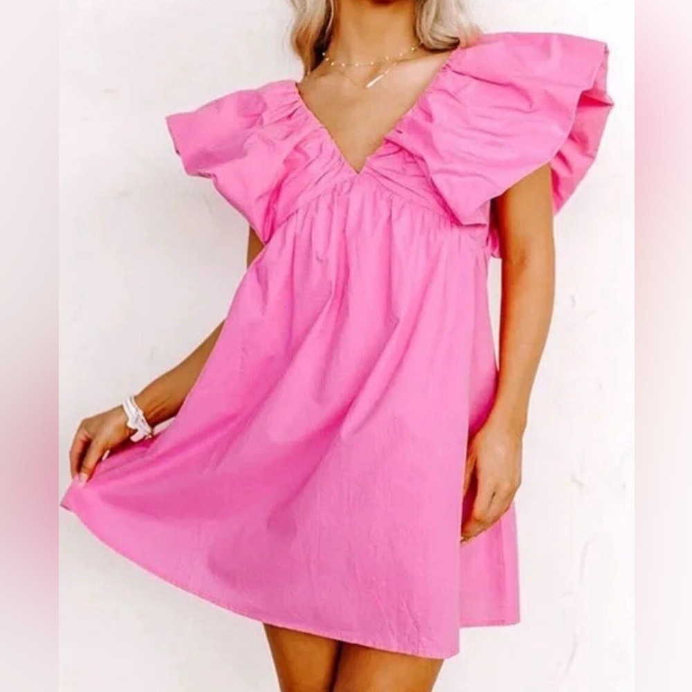 Pink Ruffle Sleeve Mini Dress